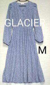 良品【GLACIER☆グラシア】リバティ風　小花柄　ロングワンピース　ブルーグレー　M　長袖　ハニーズ　春夏用