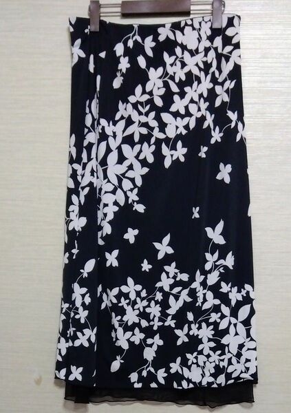 ２WAY ブラック　ロングスカート　シアー素材　レース　花柄　Lサイズ相当　フラワープリント柄　黒