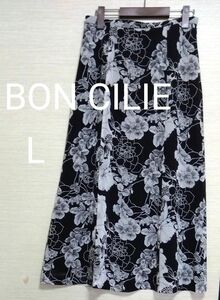 【BON CILIE】モノトーン　ボタニカル柄　ロング　 スカート　11号　L　 花柄 総柄　黒　 ブラック　ラブリークィーン　