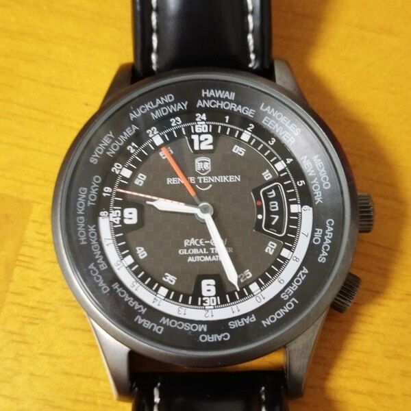 RENUE TENNIKEN GMT ブラック文字盤 レザー 稼働品 AT 自動巻 メンズ腕時計 裏スケ