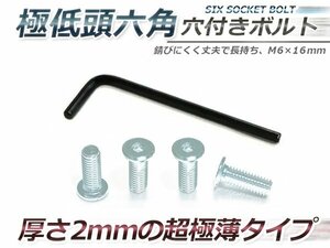 メール便 極低頭 1.5mm M6×16mm六角穴付 普通車/軽自動車 メッキ ナンバーボルト 4本セット 工具付 ネジ バイク/車用 目立たないオシャレ