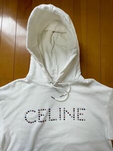 ■【男女兼用】【可愛い】【良品】【正規品】【送料無料】CELINE セリーヌ ラインストーン入り フーディー パーカー コットンフリース 白