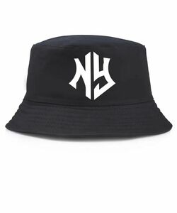 【バケットハット】リバーシブル　ロゴ×NY《ブラック》　ユニセックス　男女兼用　サマーハット 帽子 BLACK