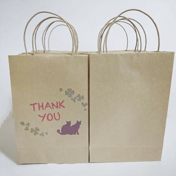 サンキュー猫 クラフト紙袋 手提げ袋 ラッピング袋 角底　お礼 プチギフト ハンドメイド 包装 24枚