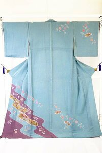 【送料無料】未使用品 単衣 訪問着 水色 斑 扇 菊 花文 金彩加工 身丈167cm 裄丈67cm お洒落 フォーマル 仕立て上がり 正絹 m-5992