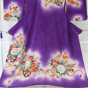 【着物フィ】アンティーク 訪問着 身丈148cm 紫 花車 袷 大正ロマン レトロ 正絹 仕立て上がり kimono 15974の画像1