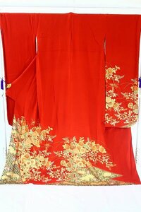 [ kimono fi] long-sleeved kimono red brown gold paint processing length 174.0cm tall size coming-of-age ceremony wedding silk brand new 16174