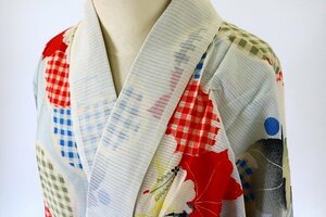 [ кимоно fi] античный длинное нижнее кимоно . длина 130cm красочный проверка bi bit симпатичный Taisho роман retro натуральный шелк 15973
