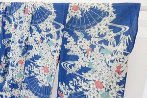 [ кимоно fi] античный мелкий рисунок .. лето одиночный . длина 150cm синий Taisho роман retro натуральный шелк совершенно новый kimono 16040