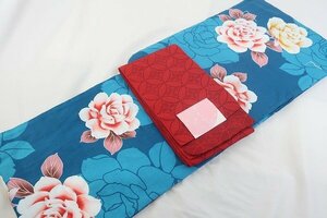 [ кимоно fi] не использовался товар юката hanhaba obi 2 позиций комплект длина 166cm роза роза .. синий цвет взрослый женский симпатичный 16104