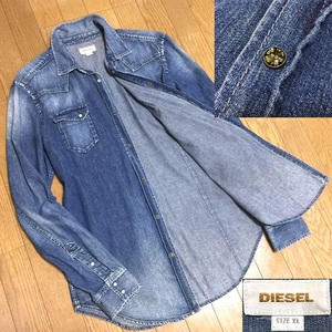 DIESEL ディーゼル 抜群の存在感 ユーズド ヴィンテージ加工 インディゴ デニム地 長袖 ウエスタン シャツ メンズ XL スナップボタン