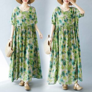 新入荷/ ワンピース 夏 レディース 花柄 ロングワンピース 半袖 マキシワンピース 大きいサイズ エスニックワンピース 綿麻風 ゆったり/F