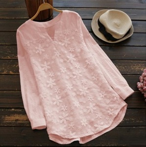  autumn new work casual natural wonderful embroidery . race easy large size long sleeve shirt tunic pink 