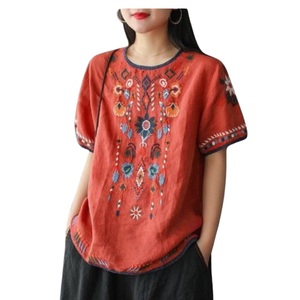 レディース トップス 赤 レッド 2XL エスニック 刺繍 花柄 綿麻 アジアン 半袖 ゆったり チュニック シャツ ラウンドネック