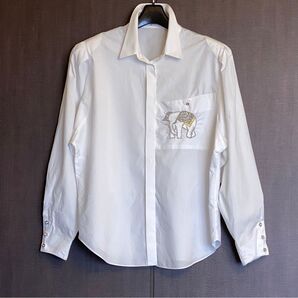 象 ゾウ ビーズ刺繍 花 ボタン コットン 100% ホワイト 長袖 ブラウス