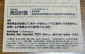 無印良品 5%割引 シェアホルダーカード 良品計画 ☆株主優待　2024年11月30日まで