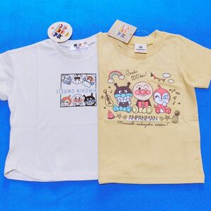 新品　90cm　アンパンマン　半袖Ｔシャツ2枚セット　おすわり3キャラ柄イエロー×窓6キャラ柄アイボリー