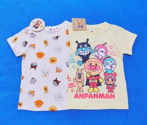 新品　95cm　アンパンマン　半袖Ｔシャツ2枚セット　顔総柄アイボリー×５キャラ柄クリーム