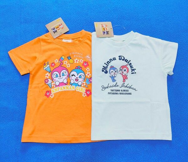 新品　95cm　アンパンマン　半袖Ｔシャツ2枚セット　トロピカル柄オレンジ×カレッジ柄ミント