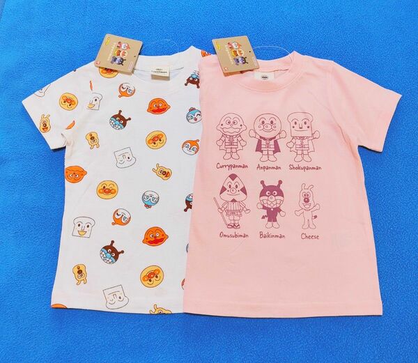 新品　95cm　アンパンマン　それいけ!半袖Ｔシャツ2枚セット　顔総柄×立ち6キャラピンク