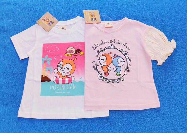 新品　95cm　アンパンマン　半袖Ｔシャツ2枚セット　パフスリーブピンク×ドキン海柄柄アイボリー