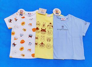 新品　90cm　アンパンマン　半袖Ｔシャツ3枚セット　ブルー×イエロー×顔総柄