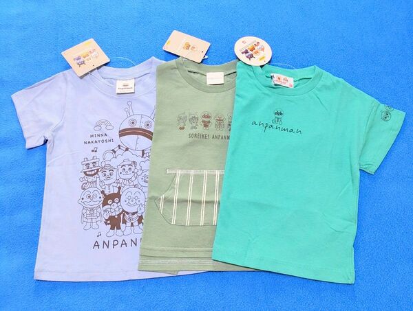 新品　90cm　アンパンマン　半袖Ｔシャツ3枚セット　ブルー×カーキー×グリーン