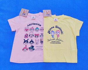 新品　100cm　アンパンマン　半袖Ｔシャツ2枚セット　ガールズ柄ピンク×カレッジ柄イエロー