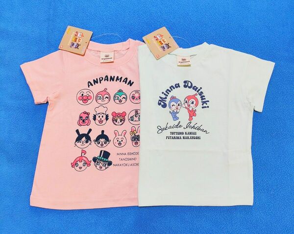 新品　100cm　アンパンマン　半袖Ｔシャツ2枚セット　ガールズ柄ピンク×カレッジ柄ミント