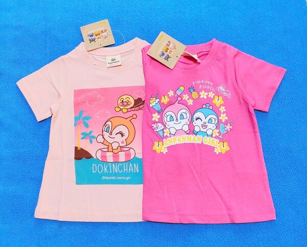 新品　90cm　アンパンマン　半袖Ｔシャツ2枚セット　トロピカル柄ピンク×ドキン海柄ピンク