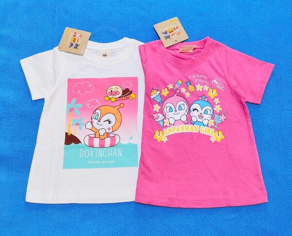 新品　100cm　アンパンマン　半袖Ｔシャツ2枚セット　トロピカル柄ピンク×ドキン海柄ホワイト