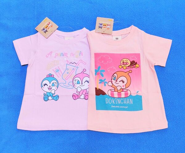 新品　100cm　アンパンマン　半袖Ｔシャツ2枚セット　ソーダ柄ピンク×ドキン海柄ピンク