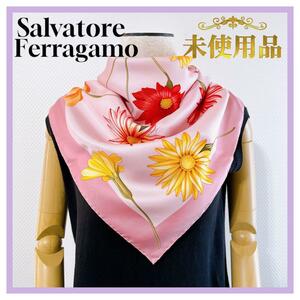 サルヴァトーレ　フェラガモ　Salvatore Ferragamo スカーフ　ピンク　絹　花　フラワー　上品　未使用品