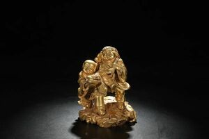 「時代物 古銅彫 塗金合和二仙擺件」旧銅器 置物擺件 賞物 中国古美術 旧蔵出