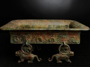 「戦國時期 青銅器彫 銘文四獣足青銅方果盤」青銅器 置物擺件 賞物 中国古美術 旧蔵出