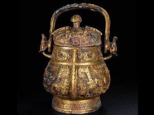 「戦漢時期 青銅器彫 塗金獣面青銅提梁釉」青銅器 置物擺件 賞物 中国古美術 旧蔵出