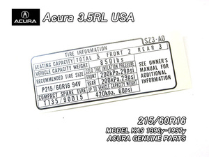 レジェンドKA9前期【ACURA】アキュラ3.5RL純正USラベルTire.Infomation(96-98y)/USDM北米仕様タイヤ空気圧-インフォメーションステッカー