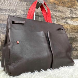 美品 BALLY バリー ビジネスバッグ ハンド トート 手提げ 2way A4 PC 書類鞄 Bロゴ レザー 革 ブラウン 赤 バイカラー メンズ