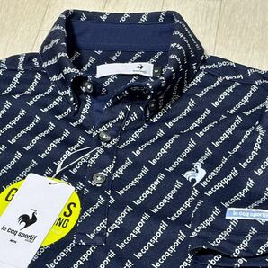 新品★ルコック ゴルフ ロゴ総柄プリント GOLFER'S CUTTING 吸汗速乾 半袖ボタンダウンシャツ★ネイビー★サイズM★送料185円の画像1