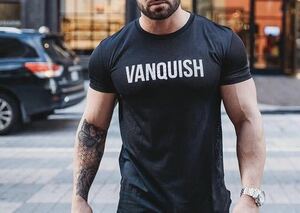 【M-size】VANQUISH センターロゴ Tシャツ メッシュ ブラック/スポーツ/GOLD/ウェア/メンズ/GYM/トレーニング/プロテイン/ダンベル/