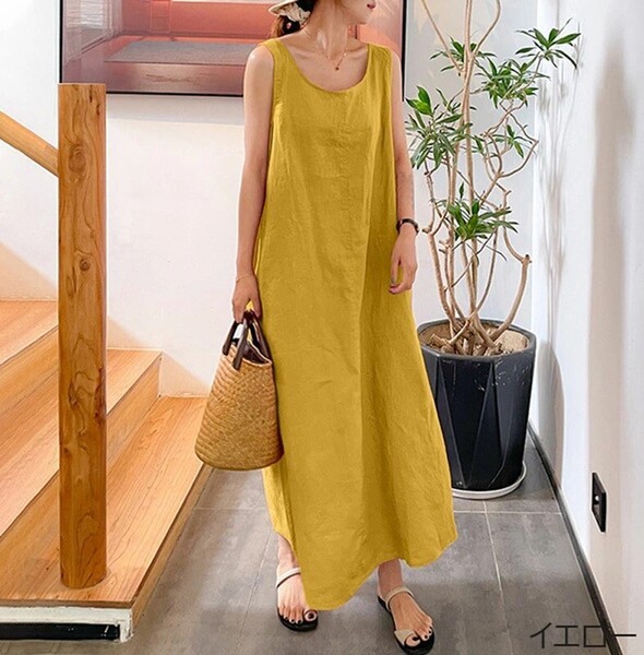 新品★春新作 Aライン ノースリーブ ロング丈 カジュアル シンプル 体型カバー リネン 森ガール マキシワンピース ゆったり イエローXL