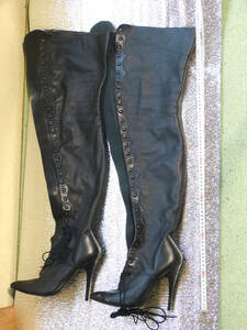  re-exhibition 227. imported car original leather braided up black chi high boots inscription 9 26cm corresponding 