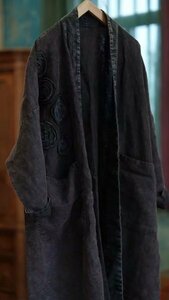 lgn 2034 ロングカーディガン 袢纏 襤褸 アンティーク風 コート 洋服ミックス ロマンファッション ポップ 和服 上品なパッチ 黒パープル系