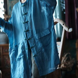 lgn 1435 ロングカーディガン アンティーク風 洋服ミックス ロマンファッション ポップ 楽ちん 個性豊か ブルー 麻 リネン 薄手