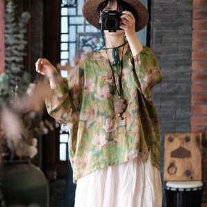 lgn 1996 V neck tunic .. antique manner Western-style clothes Mix romance fashion pop easy flax 100%linen floral print green 