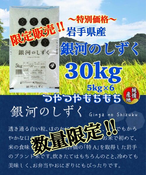 米　週末限定価格！5%OFF！早い者勝ち！【岩手県産銀河のしずく30.kg】5kg×6 6年連絡で最高の特A評価を獲得♪