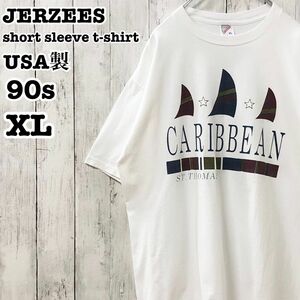90s ジャージーズ USA製 アメリカ古着 カリビアン 英字 プリント 半袖Tシャツ XL