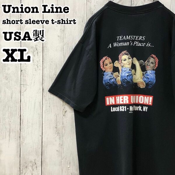 Union Line USA製 アメリカ古着 英字 人物 両面プリント 半袖Tシャツ XL