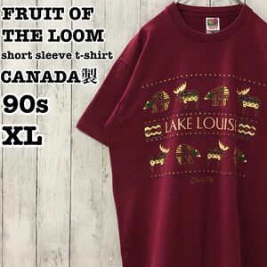 90s フルーツオブザルーム カナダ製 US アメリカ古着 英字 アニマル デザイン プリント 半袖Tシャツ XL