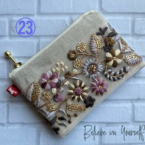 hand made インド刺繍レース付きフラットポーチ（23）（ナチュラル）